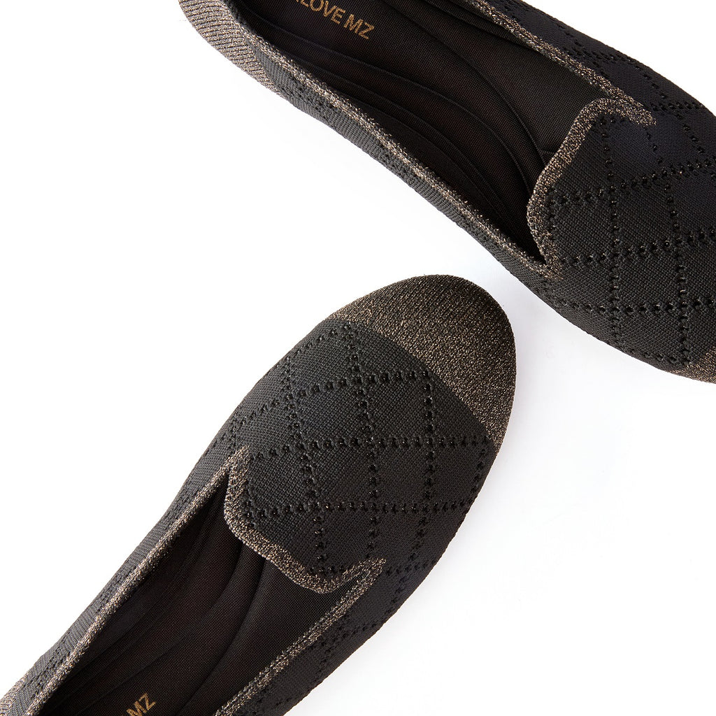 Malove Ladies' Diamond Lattice Mixed Metal Yarn Flats 5806 Black - Designer Shoes | 香港 House of Avenues 女é?