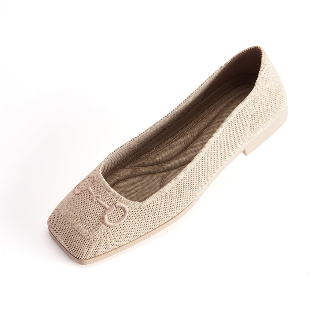 Malove Ladies' Saddle Buckle Embroidered Flats 5811 Beige - Designer Shoes | 香港 House of Avenues 女Ã?