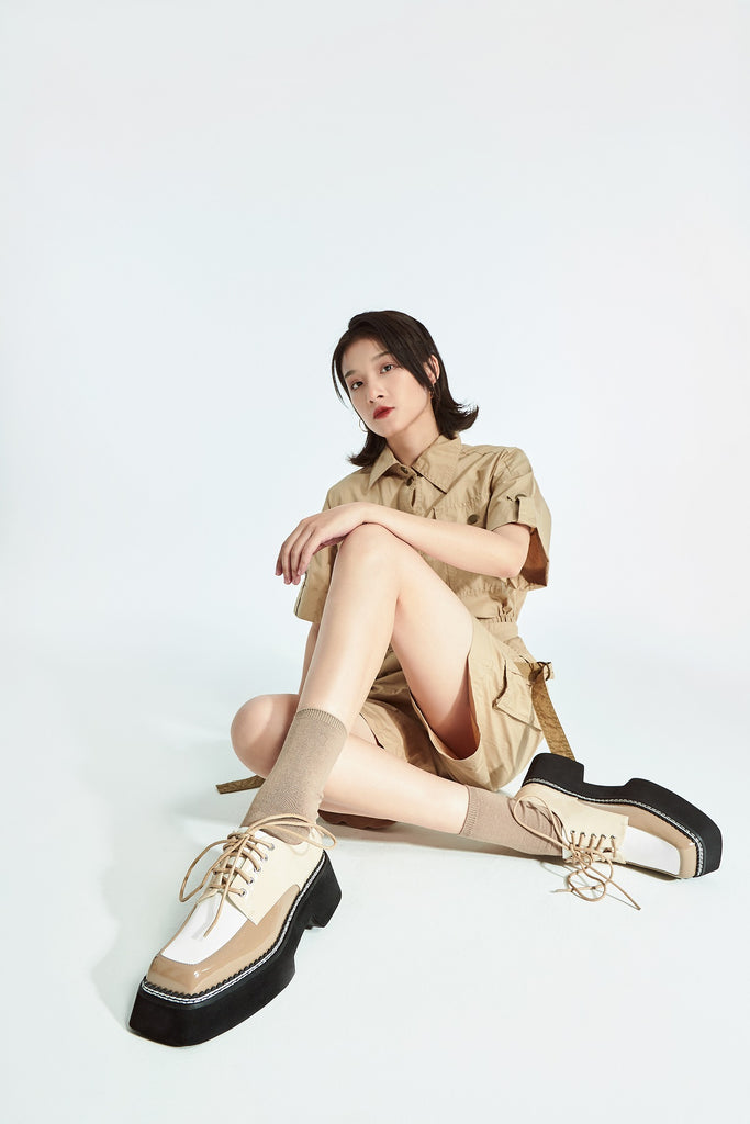 Silence Is Golden Ladies' Color Block Square Toe Oxford 5854 Beige - Designer Shoes | 香港 House of Avenues 女Ã?
