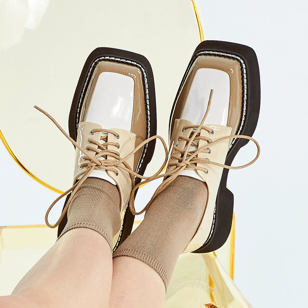 Silence Is Golden Ladies' Color Block Square Toe Oxford 5854 Beige - Designer Shoes | 香港 House of Avenues 女Ã?
