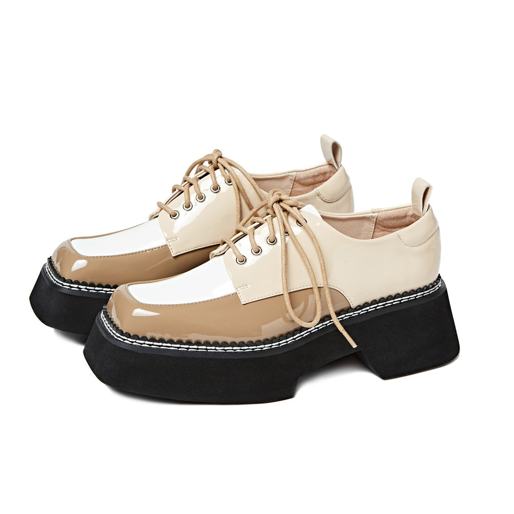 Silence Is Golden Ladies' Color Block Square Toe Oxford 5854 Beige - Designer Shoes | 香港 House of Avenues 女Ã?
