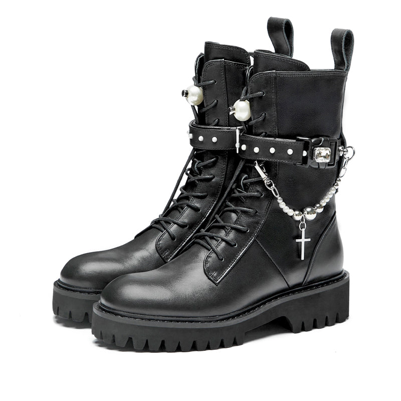 In The Name Of Love Ladies' Cross With Chain Leather Military Bootie 5563 Black - House of Avenues - Designer Shoes | 香港 | 女Ã? House of Avenues