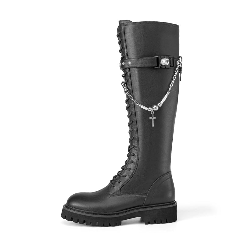 In The Name Of Love Ladies' Cross With Chain Leather Combat Boot 5564 Black - House of Avenues - Designer Shoes | 香港 | 女Ã? House of Avenues