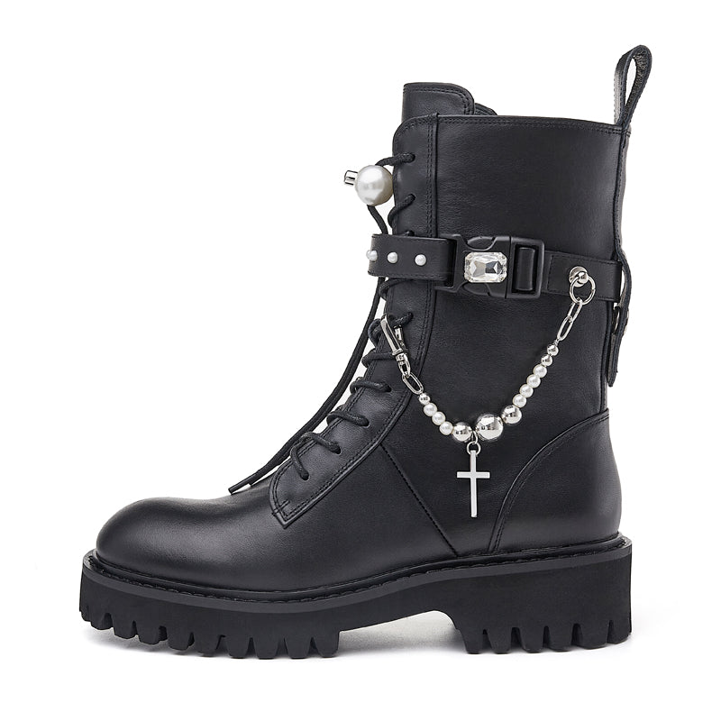 In The Name Of Love Ladies' Cross With Chain Leather Military Bootie 5563 Black - House of Avenues - Designer Shoes | 香港 | 女Ã? House of Avenues