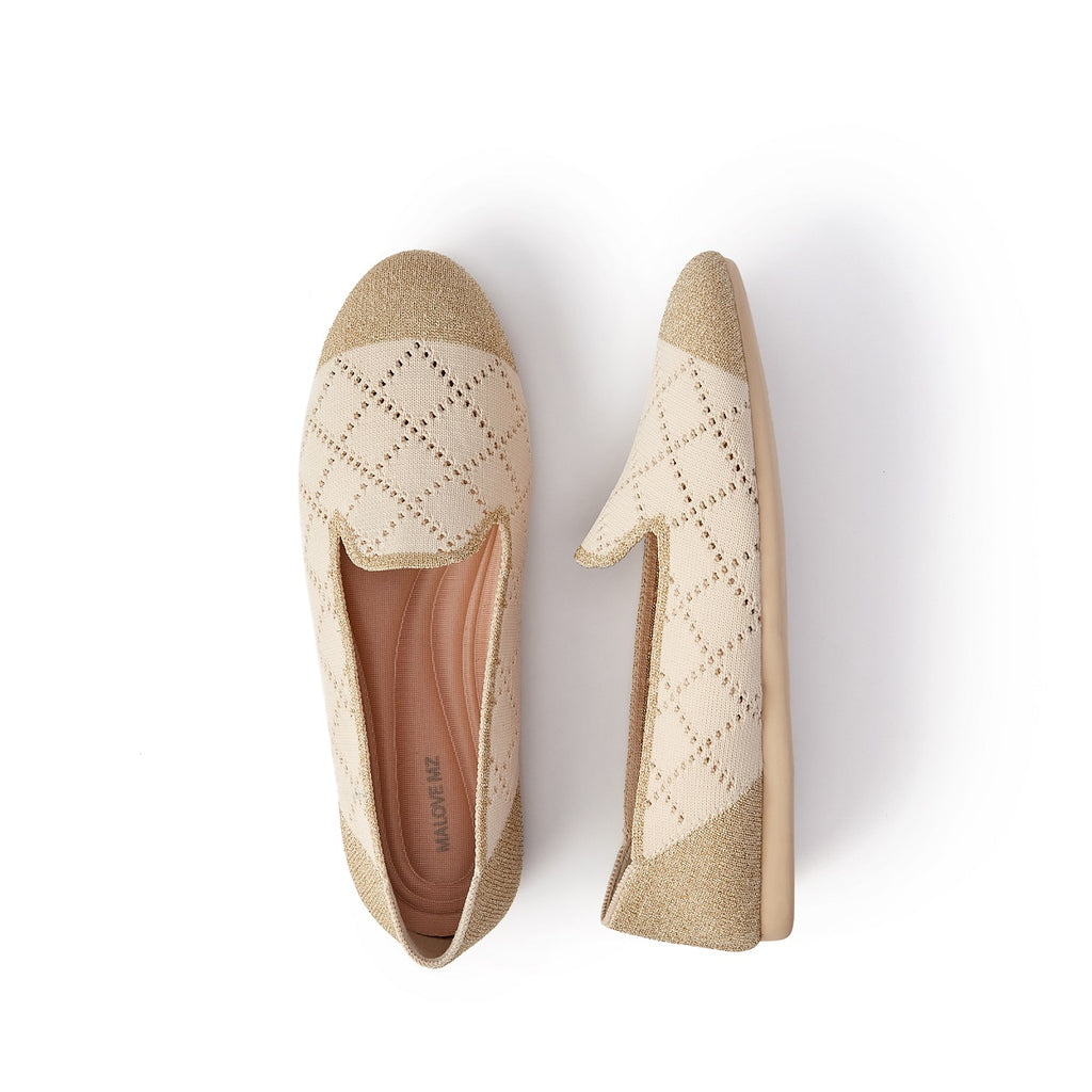 Malove Ladies' Diamond Lattice Mixed Metal Yarn Flats 5806 gold - Designer Shoes | 香港 House of Avenues 女é?