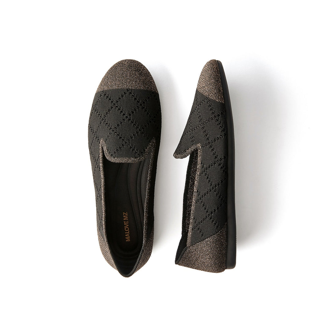 Malove Ladies' Diamond Lattice Mixed Metal Yarn Flats 5806 Black - Designer Shoes | 香港 House of Avenues 女é?