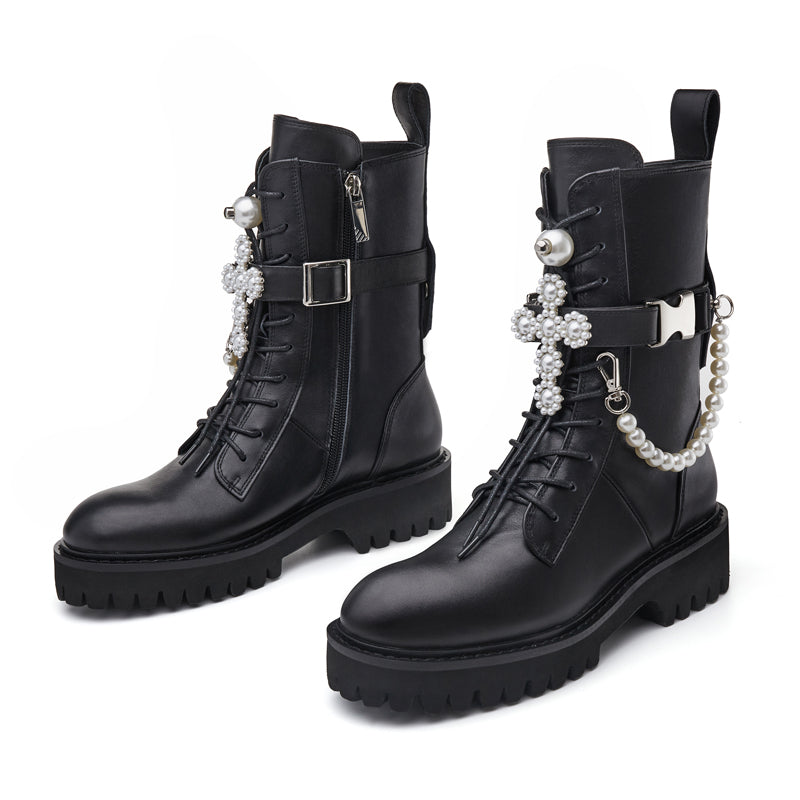In The Name Of Love Ladies' Pearl Cross And Chain Leather Military Bootie 5563 Black - House of Avenues - Designer Shoes | 香港 | 女Ã? House of Avenues