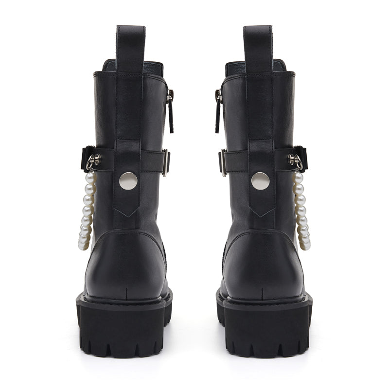In The Name Of Love Ladies' Pearl Cross And Chain Leather Military Bootie 5563 Black - House of Avenues - Designer Shoes | 香港 | 女Ã? House of Avenues