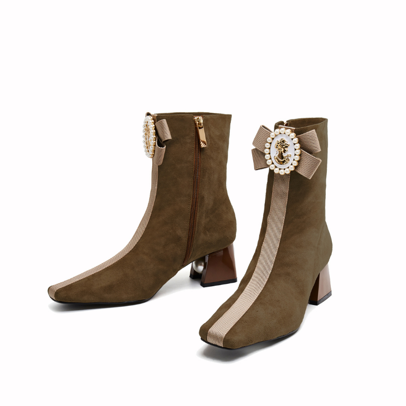 Ladies Ribbon Brooch Square Toe Bootie 5556 Taupe - House of Avenues - Designer Shoes | 香港 | 女Ã? House of Avenues