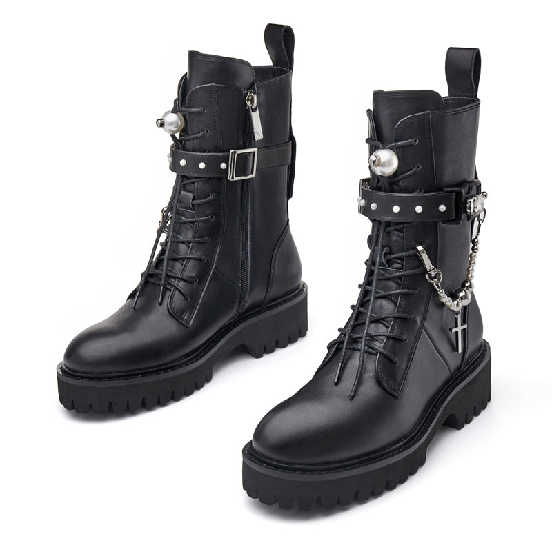 In The Name Of Love Ladies' Cross With Chain Leather Military Bootie 5563 Black - House of Avenues - Designer Shoes | 香港 | 女Ã? House of Avenues