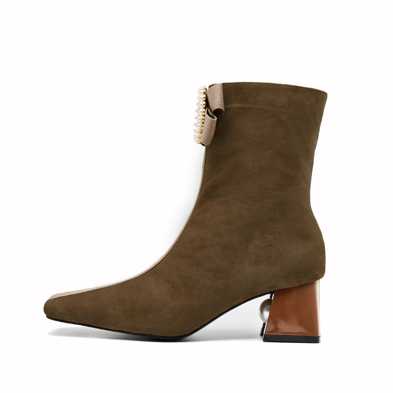 Ladies Ribbon Brooch Square Toe Bootie 5556 Taupe - House of Avenues - Designer Shoes | 香港 | 女Ã? House of Avenues