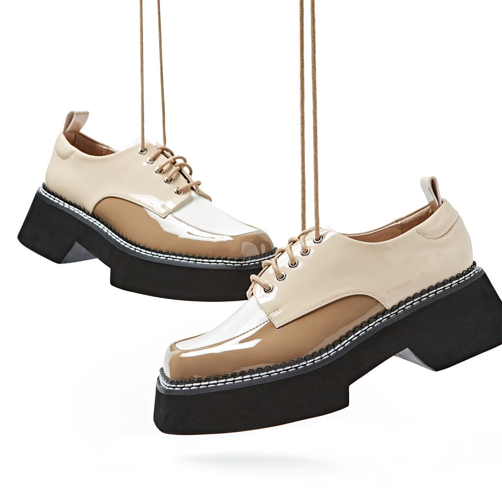 Silence Is Golden Ladies' Color Block Square Toe Oxford 5854 Beige - Designer Shoes | 香港 House of Avenues 女Ã?