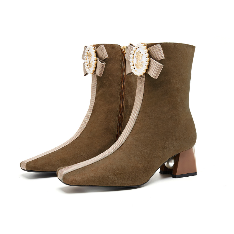 Ladies Ribbon Brooch Square Toe Bootie 5556 Taupe - House of Avenues - Designer Shoes | 香港 | 女Ã? House of Avenues