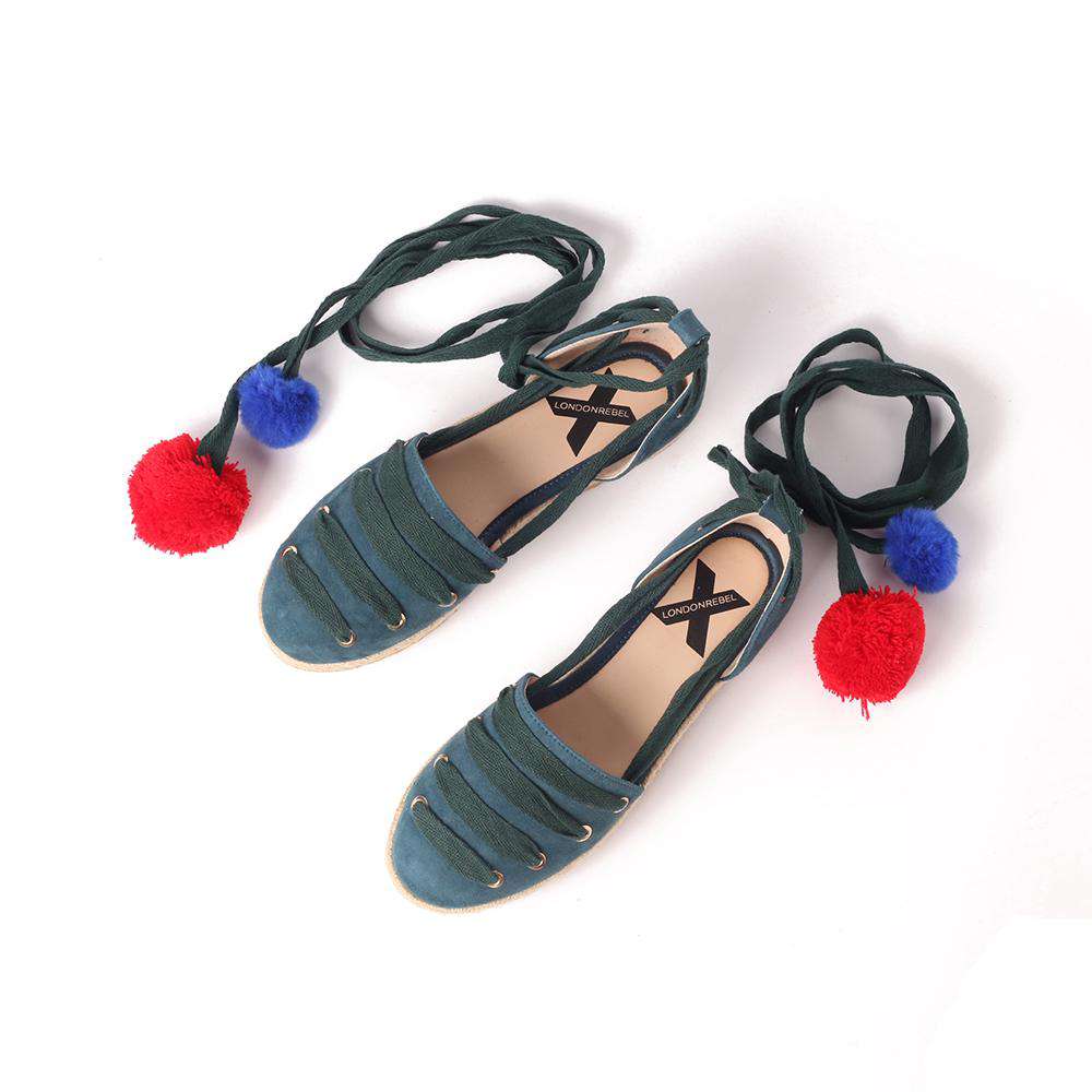 Ladies Canvas Pom Pom Lace Up Espadrille 5036 Red - House of Avenues - Designer Shoes | 香港 | 女Ã? House of Avenues